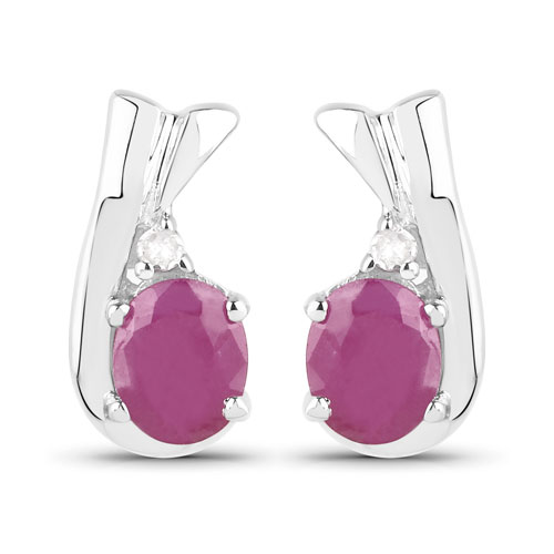 Earrings-0.62 Carat Genuine Ruby and White Diamond .925 Sterling Silver Earrings