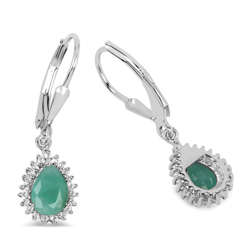 1.45 Carat Genuine Emerald and White Topaz .925 Sterling Silver Earrings