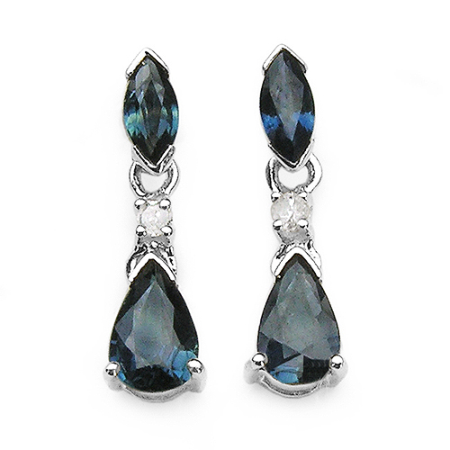 Earrings-1.34 Carat Blue Sapphire & White Diamond 10K White Gold Earrings