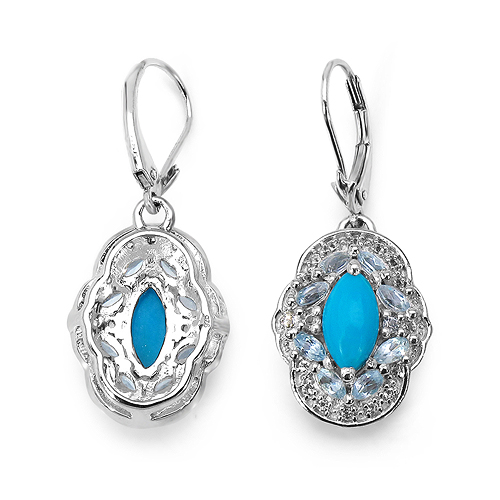 3.35 Carat Genuine Turquoise, Blue Topaz & White Topaz .925 Sterling Silver Earrings