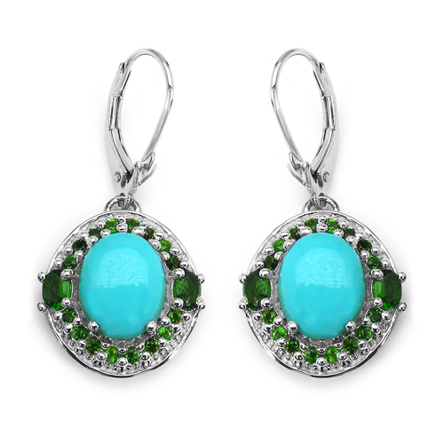 Earrings-6.36 Carat Genuine Turquoise & Chrome Diopside .925 Sterling Silver Earrings