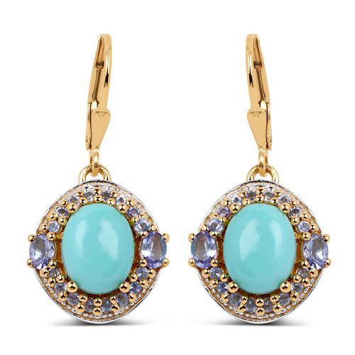 14K Yellow Gold Plated 5.72 Carat Genuine Turquoise & Tanzanite .925 Sterling Silver Earrings