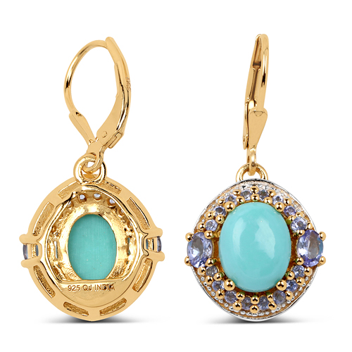 14K Yellow Gold Plated 5.72 Carat Genuine Turquoise & Tanzanite .925 Sterling Silver Earrings