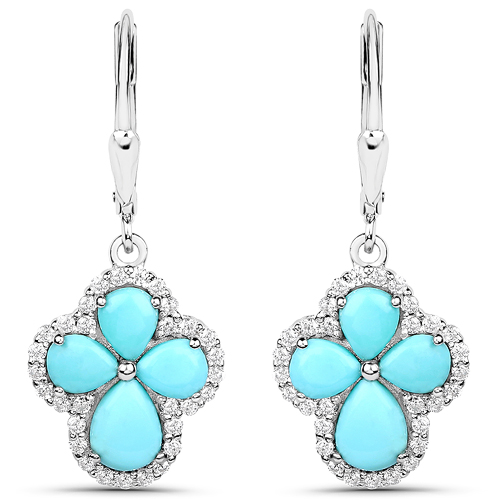 3.93 Carat Genuine Turquoise and White Zircon .925 Sterling Silver Earrings