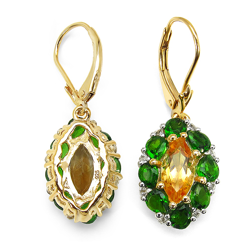 14K Yellow Gold Plated 4.72 Carat Genuine Citrine, Chrome Diopside & White Topaz .925 Sterling Silver Earrings