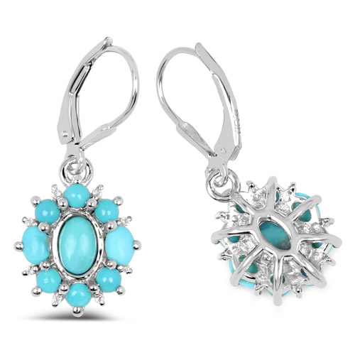 3.26 Carat Genuine Turquoise and White Topaz .925 Sterling Silver Earrings