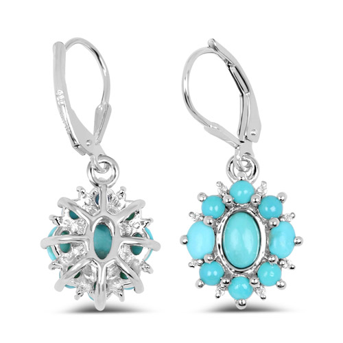 3.26 Carat Genuine Turquoise and White Topaz .925 Sterling Silver Earrings