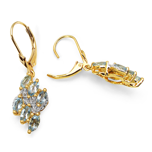 14K Yellow Gold Plated 1.55 Carat Genuine Aquamarine & White Topaz .925 Sterling Silver Earrings
