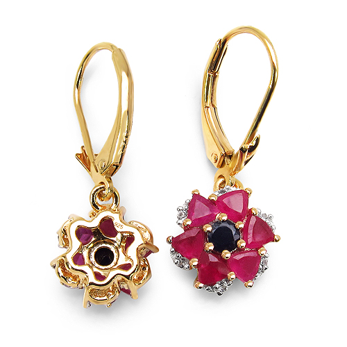 14K Yellow Gold Plated 2.12 Carat Genuine Black Sapphire, Glass Filled Ruby & White Topaz .925 Sterling Silver Earrings