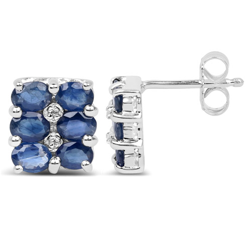 2.66 Carat Genuine Blue Sapphire and White Diamond .925 Sterling Silver Earrings