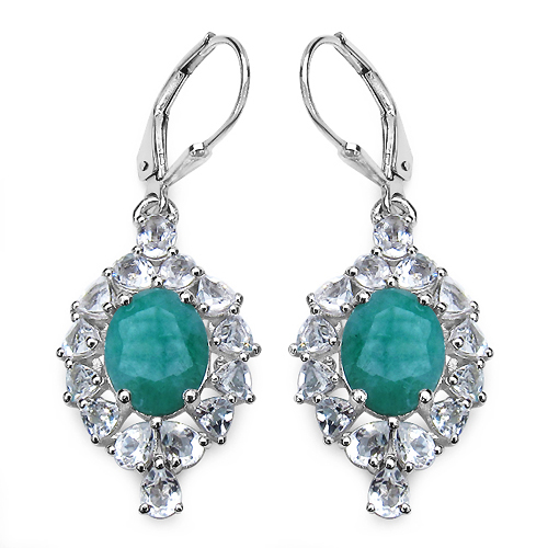 Emerald-10.32 Carat Genuine Emerald and White Topaz .925 Sterling Silver Earrings