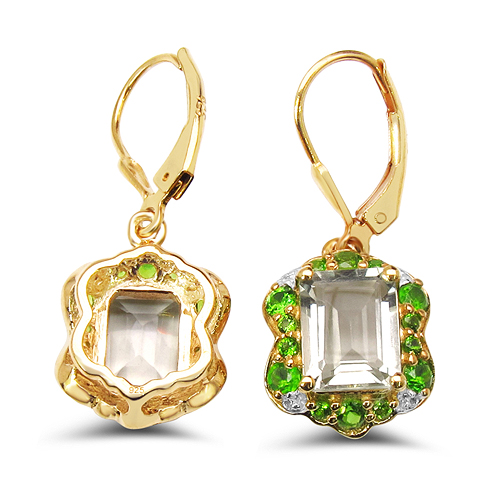 14K Yellow Gold Plated 5.60 Carat Genuine Amethyst, Chrome Diopside & White Topaz .925 Sterling Silver Earrings