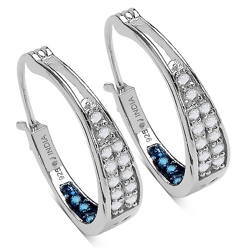 Earrings-0.69 Carat Genuine White Diamond & Blue Diamond .925 Sterling Silver Earrings
