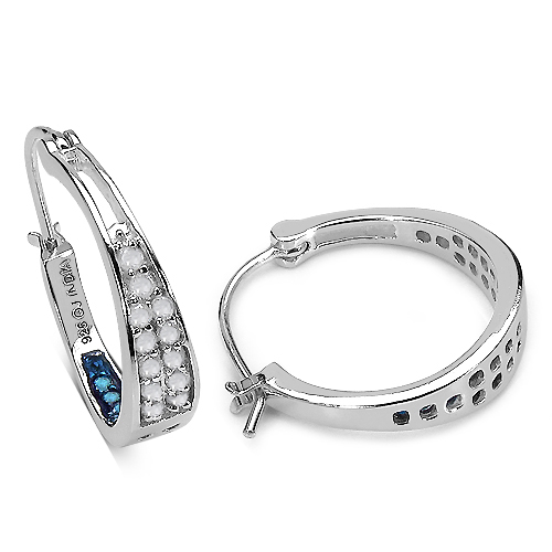 0.69 Carat Genuine White Diamond & Blue Diamond .925 Sterling Silver Earrings