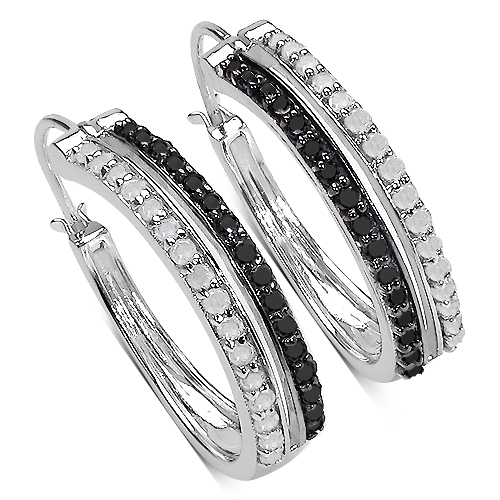 Earrings-0.96 Carat Genuine White Diamond & Black Diamond .925 Sterling Silver Earrings