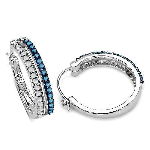 0.96 Carat Genuine White Diamond & Blue Diamond .925 Sterling Silver Earrings