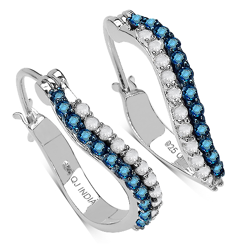 Earrings-0.72 Carat Genuine White Diamond & Blue Diamond .925 Sterling Silver Earrings