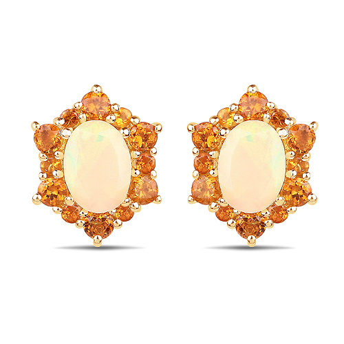 Opal-14K Yellow Gold Plated 1.52 Carat Genuine Ethiopian Opal and Citrine .925 Sterling Silver Earrings