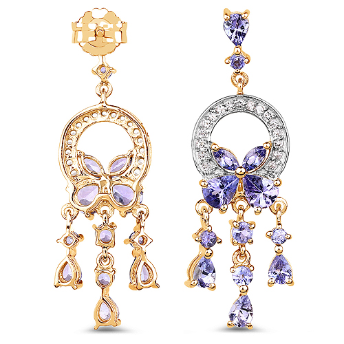 14K Yellow Gold Plated 3.22 Carat Genuine Tanzanite and White Topaz .925 Sterling Silver Earrings