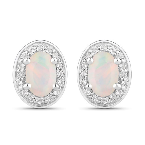 Opal-0.65 Carat Genuine Ethiopian Opal and Created White Sapphire .925 Sterling Silver Earrings