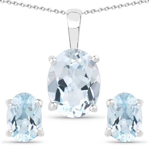 Jewelry Sets-6.00 Carat Genuine Blue Topaz .925 Sterling Silver Jewelry Set (Earrings, and Pendant w/ Chain)