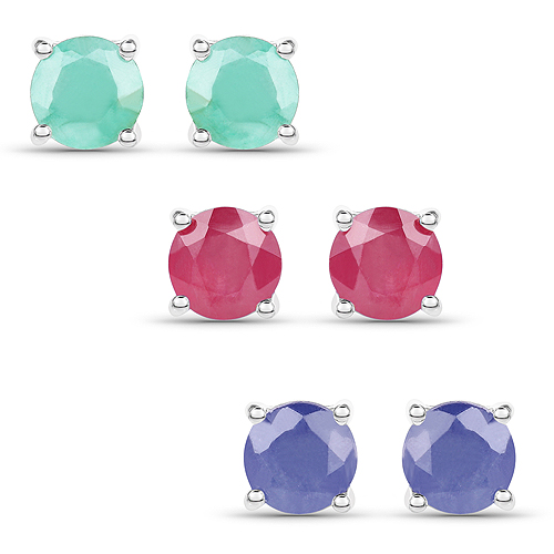 3.36 Carat Emerald, Glass Filled Ruby and Glass Filled Sapphire .925 Sterling Silver Earrings