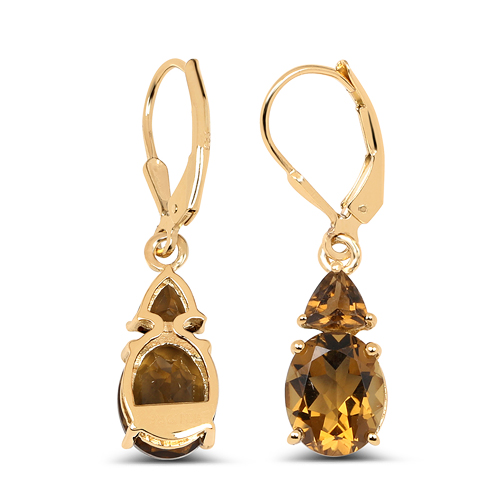 14K Yellow Gold Plated 5.90 Carat Genuine Champagne Quartz .925 Sterling Silver Earrings