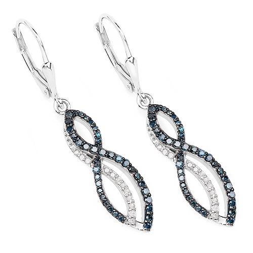 Earrings-0.72 Carat Genuine White Diamond and Blue Diamond .925 Sterling Silver Earrings