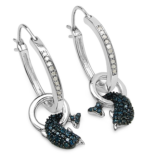 Earrings-0.54 Carat Genuine Blue Diamond and White Diamond .925 Sterling Silver Earrings