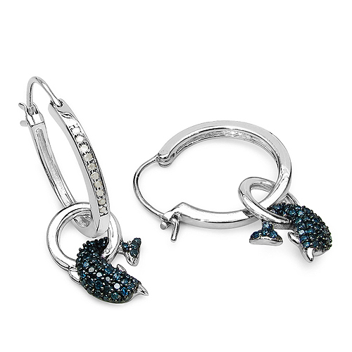 0.54 Carat Genuine Blue Diamond and White Diamond .925 Sterling Silver Earrings