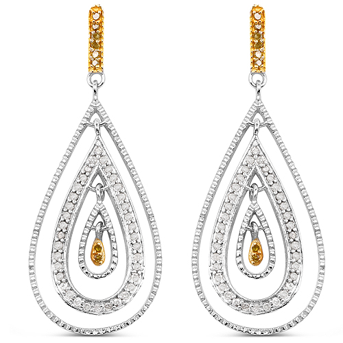 Earrings-0.51 Carat Genuine White Diamond and Yellow Diamond .925 Sterling Silver Earrings