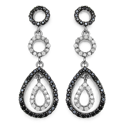 Earrings-0.90 Carat Genuine Black Diamond & White Diamond .925 Sterling Silver Earrings