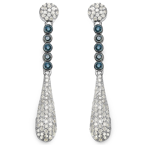Earrings-1.05 Carat Genuine Blue Diamond & White Diamond .925 Sterling Silver Earrings