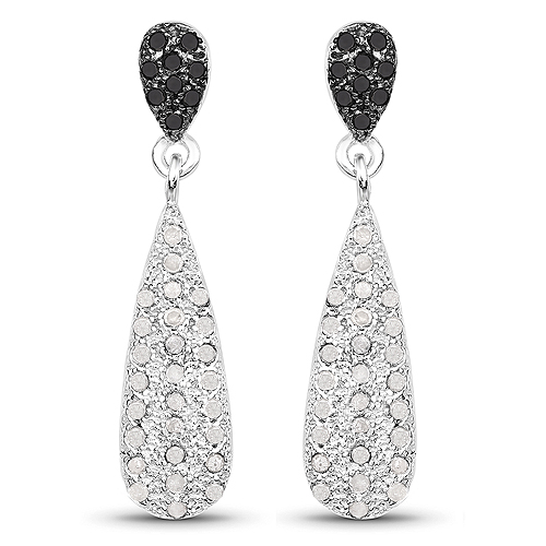Earrings-0.77 Carat Genuine White Diamond and Black Diamond .925 Sterling Silver Earrings
