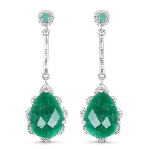 Emerald-14.20 Carat Dyed Emerald and Emerald .925 Sterling Silver Earrings