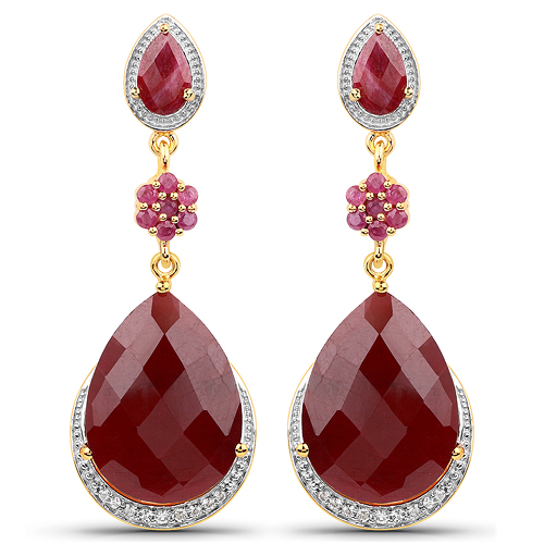 Earrings-18K Yellow Gold Plated 38.44 Carat Dyed Ruby and White Topaz .925 Sterling Silver Earrings