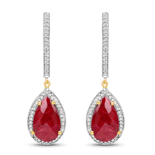 Earrings-14K Yellow Gold Plated 10.96 Carat Dyed Ruby & White Topaz .925 Sterling Silver Earrings