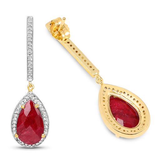 14K Yellow Gold Plated 10.96 Carat Dyed Ruby & White Topaz .925 Sterling Silver Earrings