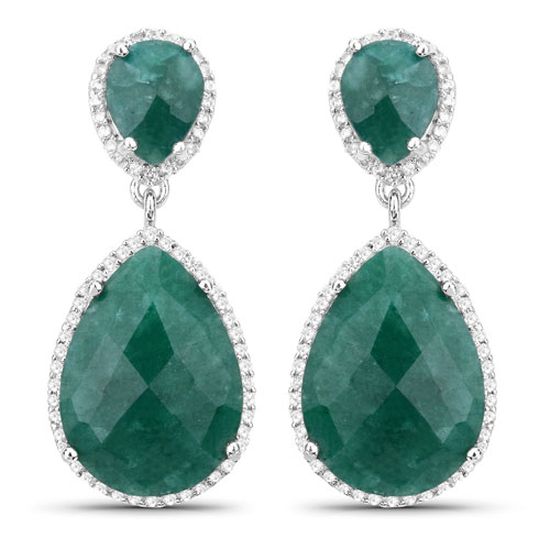 Emerald-19.42 Carat Dyed Emerald and White Topaz .925 Sterling Silver Earrings
