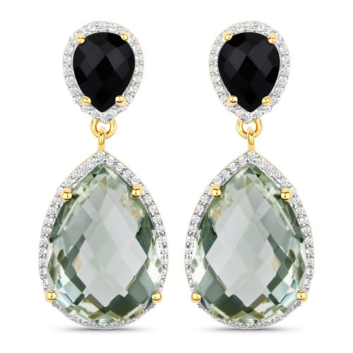 Amethyst-18K Yellow Gold Plated 22.64 Carat Genuine Green Amethyst, Black Onyx and White Topaz .925 Sterling Silver Earrings