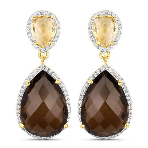 Earrings-18K Yellow Gold Plated 21.32 Carat Genuine Smoky Quartz, Citrine and White Topaz .925 Sterling Silver Earrings