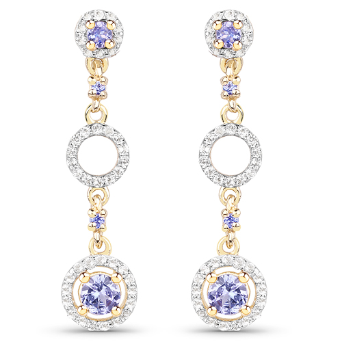 Earrings-14K Yellow Gold Plated 1.09 Carat Genuine Tanzanite and White Topaz .925 Sterling Silver Earrings