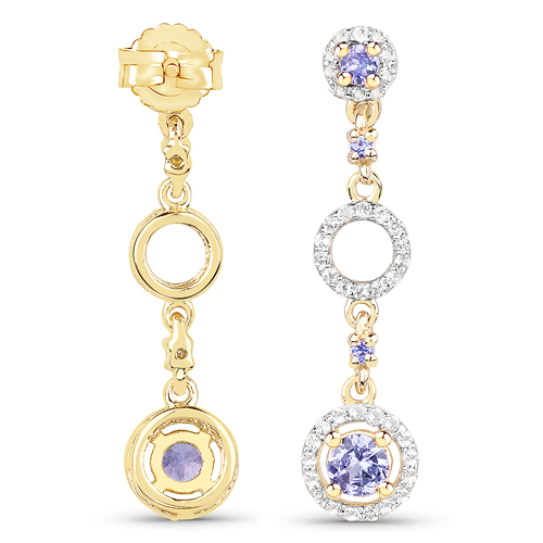 14K Yellow Gold Plated 1.09 Carat Genuine Tanzanite and White Topaz .925 Sterling Silver Earrings