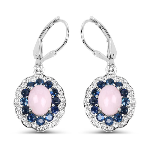 Opal-4.00 Carat Genuine Opal Pink, Blue Sapphire and White Topaz .925 Sterling Silver Earrings