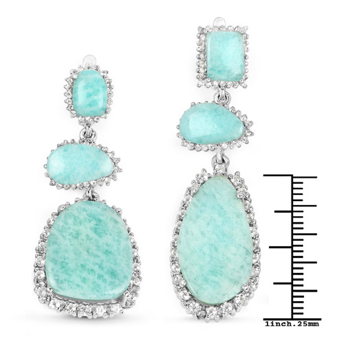25.32 Carat Genuine Amazonite and White Topaz .925 Sterling Silver Earrings
