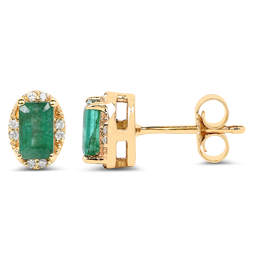 0.61 Carat Genuine Zambian Emerald and White Diamond 14K Yellow Gold Earrings