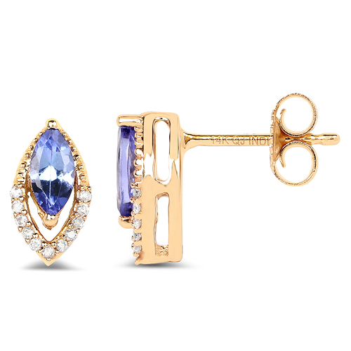 0.55 Carat Genuine Tanzanite and White Diamond 14K Yellow Gold Earrings
