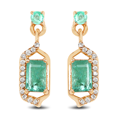 Emerald-0.70 Carat Genuine Zambian Emerald and White Diamond 14K Yellow Gold Earrings