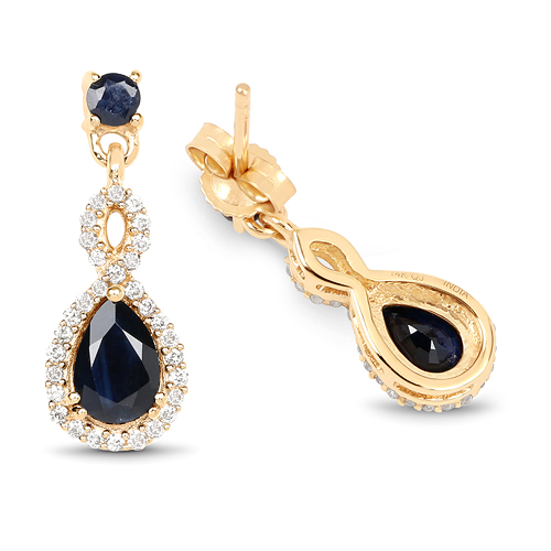 1.19 Carat Genuine Blue Sapphire and White Diamond 14K Yellow Gold Earrings