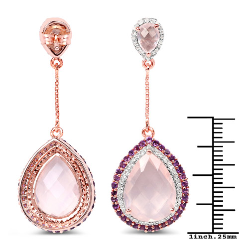 14K Rose Gold Plated 15.20 Carat Genuine Rose Quartz, Amethyst and White Topaz .925 Sterling Silver Earrings